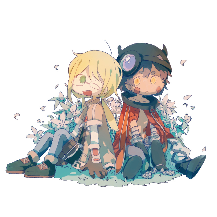 1boy 1girl ;d black_footwear blonde_hair brown_coat brown_gloves brown_hair cape chibi coat eye_contact facial_mark flower full_body glasses gloves grass green_eyes helmet highres knees_up kumo02 long_hair looking_at_another low_twintails made_in_abyss mechanical_arms on_grass one_eye_closed petals red_cape regu_(made_in_abyss) riko_(made_in_abyss) shoes short_hair simple_background sitting slit_pupils smile twintails white_background yellow_eyes