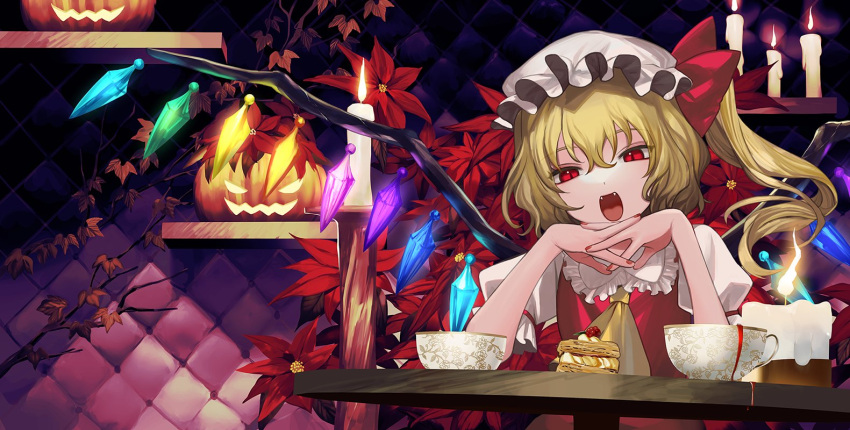 1girl :d ascot banned_artist blonde_hair crystal cup flandre_scarlet food harano hat hat_ribbon indoors jack-o'-lantern looking_at_viewer mob_cap open_mouth red_eyes red_ribbon ribbon short_hair short_sleeves smile solo table touhou wings