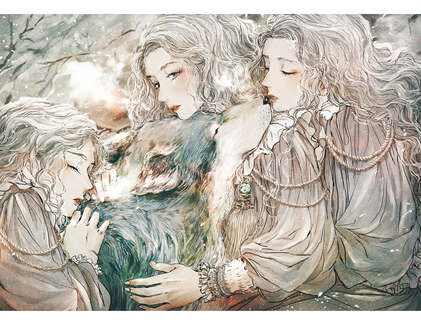 2018 3girls animal blush chinese_zodiac closed_eyes dress grey_eyes hug jewelry kobone_awaki long_hair multiple_girls original parted_lips snow tassel upper_body wavy_hair white_dress white_hair wolf year_of_the_dog