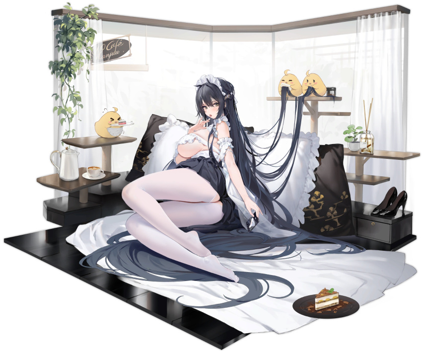 1girl azur_lane bangs black_footwear breasts cake cake_slice cellphone comb combing cup dark_blue_hair food green_eyes hair_between_eyes hand_up high_heels highres holding holding_comb indomitable_(azur_lane) indomitable_(ms._motivationless_maid)_(azur_lane) kincora large_breasts light_blush long_hair looking_at_viewer maid_headdress manjuu_(azur_lane) official_alternate_costume official_art open_mouth pantyhose phone pillow plant plate potted_plant saucer shoes shoes_removed sitting skirt smartphone solo teacup tongue tongue_out underboob very_long_hair white_legwear