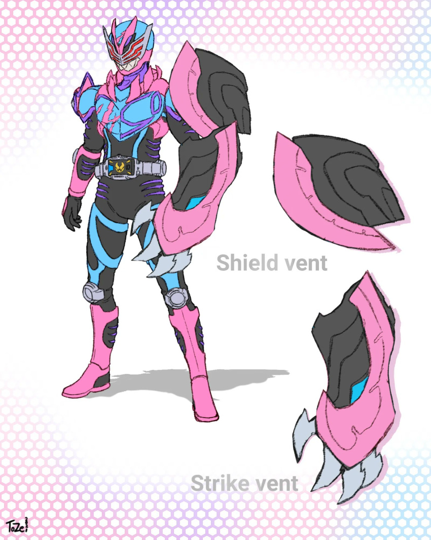 1boy adapted_costume advent_deck alternate_costume alternate_universe armor black_armor blue_armor boots claw_(weapon) compound_eyes gauntlets highres kamen_rider kamen_rider_revi kamen_rider_revice kamen_rider_ryuki_(series) male_focus pink_armor pink_footwear rider_belt sharp_teeth shoulder_armor teeth to_ze tyrannosaurus_rex v_buckle weapon zoom_layer