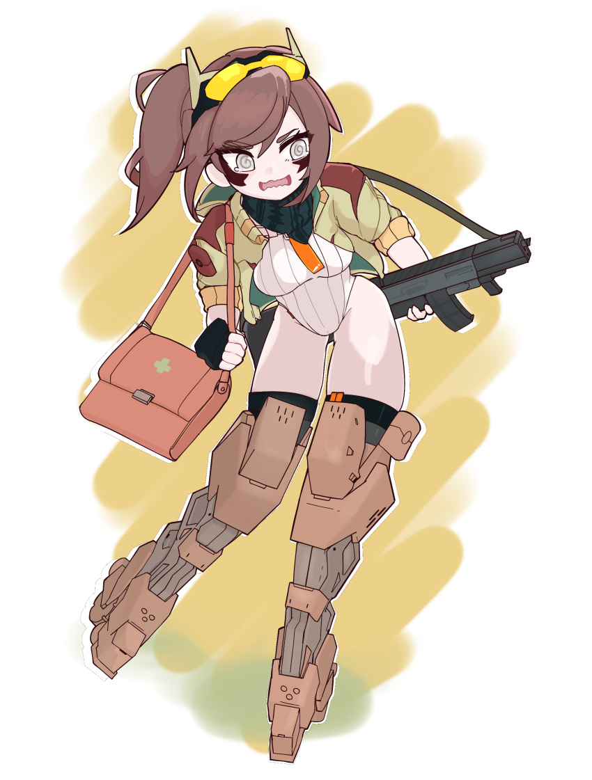 1girl @_@ absurdres bag brown_hair combat_shotgun eyewear_on_head fingerless_gloves gloves grey_eyes highleg highleg_leotard highres kheshig_(last_origin) last_origin leotard long_hair looking_to_the_side one_side_up open_mouth ribbed_leotard shemagh side_ponytail solo sunglasses taeseok.10jeong wavy_mouth white_leotard