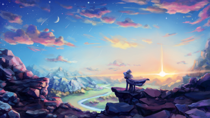 cape cliff cliff_side cliffs clothing cloud crescent_moon equid equine friendship_is_magic hasbro hat headgear headwear hi_res inowiseei landscape lens_flare mammal moon mountain my_little_pony river shooting_star star sun sunset trixie_(mlp) twilight witch_hat