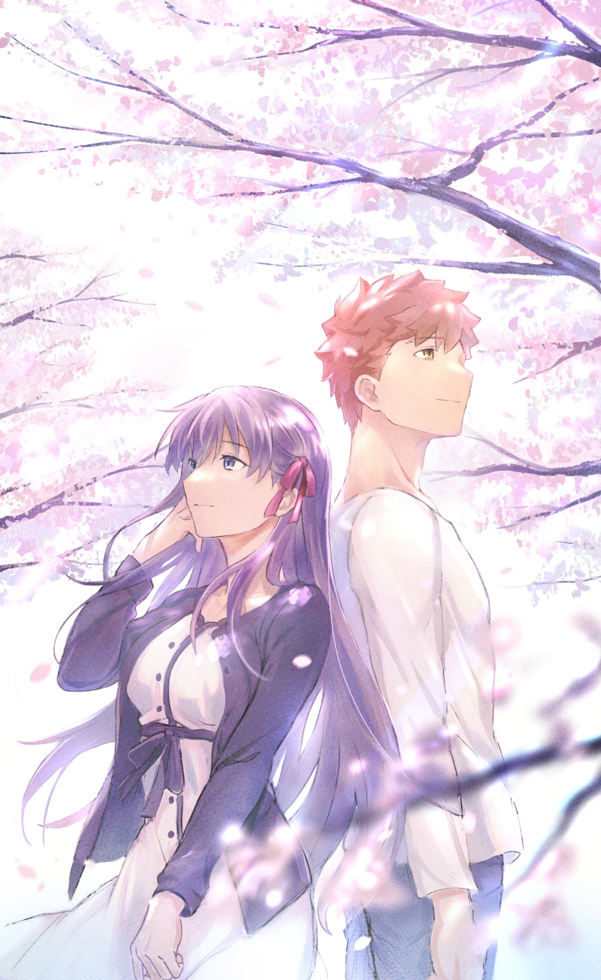 1boy 1girl absurdres blue_eyes blurry cherry_blossoms couple depth_of_field dress emiya_shirou fate/stay_night fate_(series) heaven's_feel highres light long_hair looking_to_the_side matou_sakura official_alternate_costume okonon_(kado_colda) orange_hair petals purple_hair ribbon shirt short_hair side-by-side sky smile upper_body yellow_eyes