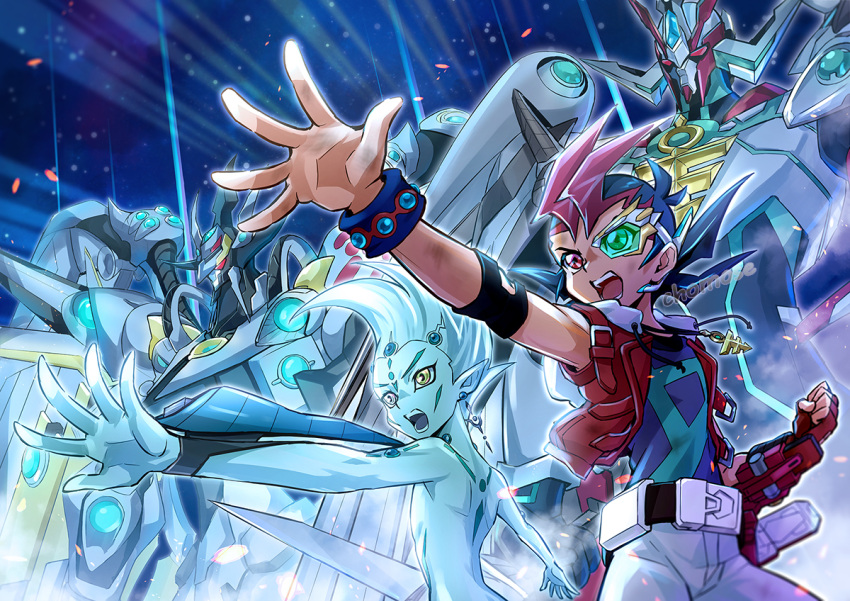 2boys alien armor astral_(yu-gi-oh!) belt black_hair bracelet chomose colored_skin commentary cropped_legs duel_disk duel_monster earrings fingerless_gloves gloves heterochromia hood hood_down hooded_jacket jacket jewelry male_focus multicolored_hair multiple_boys number_99_utopia_dragonar number_f0_utopic_draco_future open_hand open_mouth outstretched_arm pants red_eyes red_hair red_jacket single_glove sleeveless sleeveless_jacket space spiked_hair tsukumo_yuuma white_eyes white_pants yellow_eyes yu-gi-oh! yu-gi-oh!_zexal