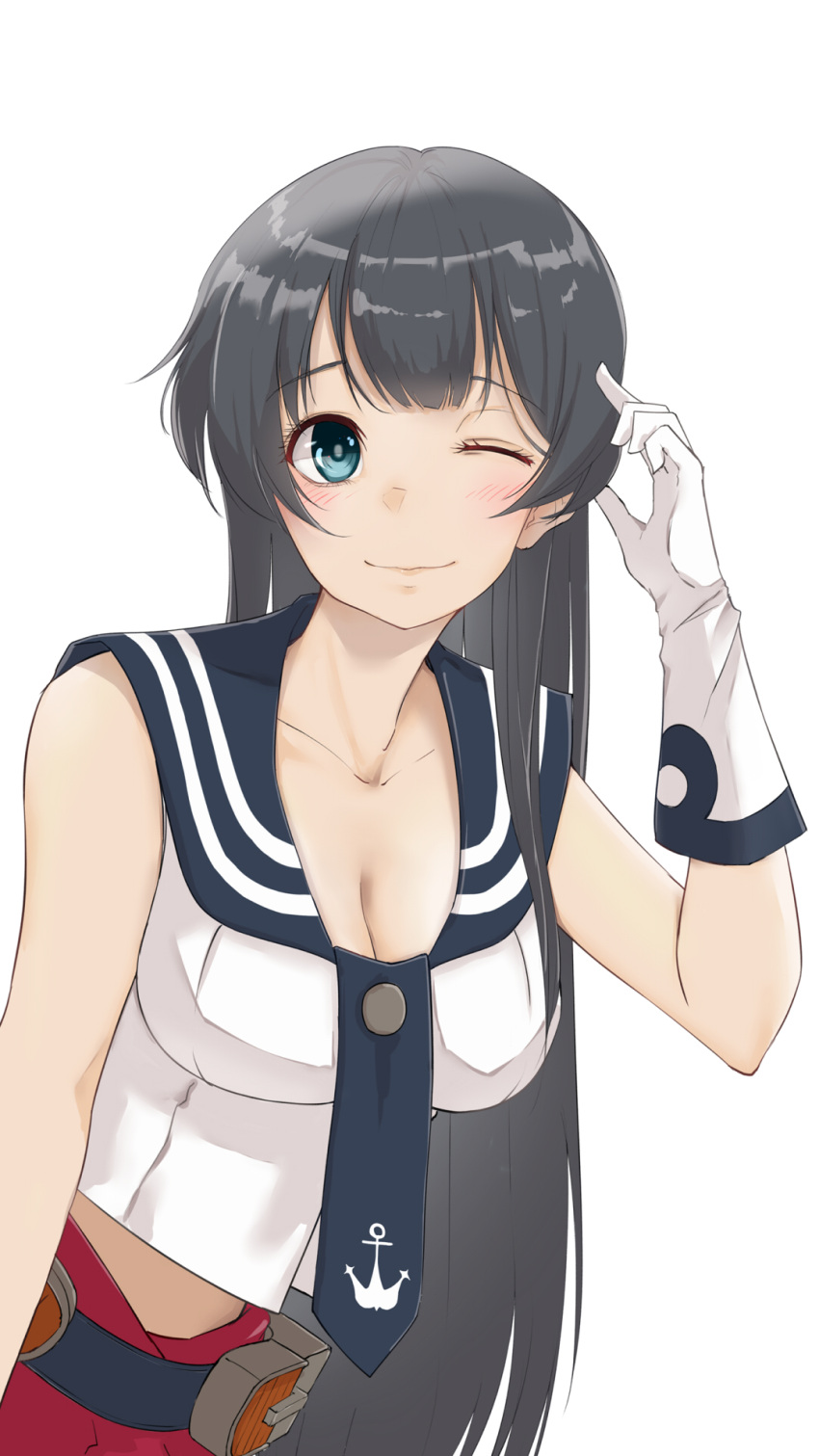 1girl agano_(kancolle) anchor_symbol black_hair black_necktie black_sailor_collar blue_eyes blush breasts cleavage closed_mouth collarbone gloves highres kantai_collection large_breasts long_hair necktie neve one_eye_closed red_skirt sailor_collar school_uniform serafuku simple_background skirt sleeveless smile solo white_background white_gloves
