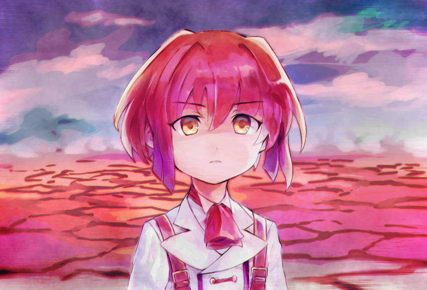 1boy ascot belt blurry blurry_background chromatic_aberration ciconia_no_naku_koro_ni cloud cracked_floor expressionless glass highres hinamikan mitake_miyao red_hair short_hair smoke thousand_yard_stare upper_body wasteland watercolor_effect yellow_eyes