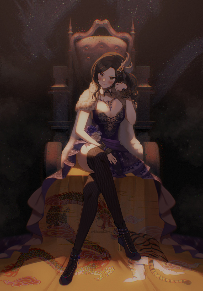 1girl blush breasts cleavage crossed_legs dress fishnet_legwear fishnets flower full_body green_eyes hair_ornament high_heels highres idolmaster idolmaster_cinderella_girls idolmaster_cinderella_girls_starlight_stage large_breasts long_hair looking_at_viewer mukai_takumi shangzi sitting solo thighhighs