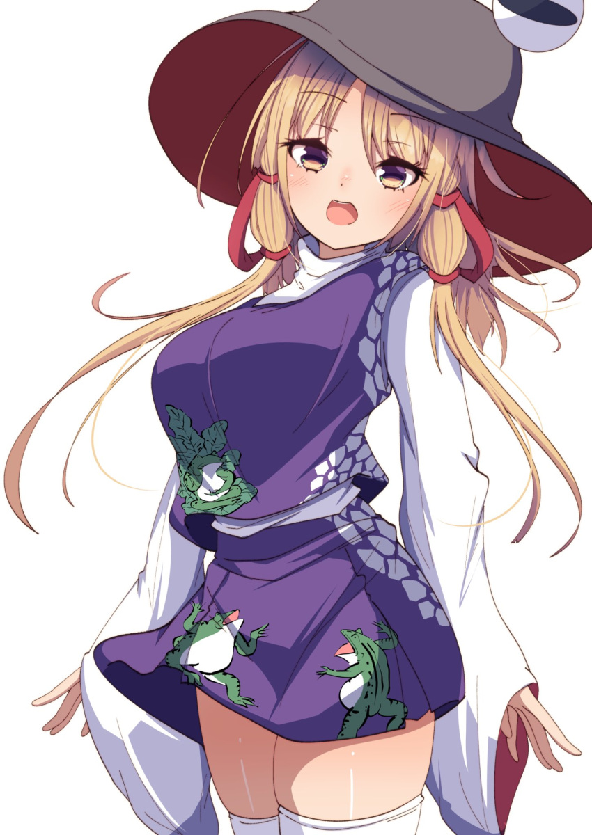 1girl animal_print bangs blonde_hair darumoon frog_print hair_ribbon highres long_sleeves moriya_suwako parted_bangs purple_skirt purple_vest red_ribbon ribbon shirt short_hair short_hair_with_long_locks simple_background skirt skirt_set sleeves_past_wrists solo thighhighs thighs touhou turtleneck vest white_background white_legwear white_shirt wide_sleeves yellow_eyes