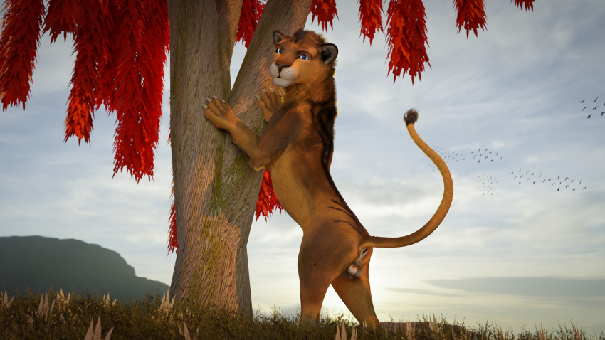 16:9 3d_(artwork) 3danimal 3dart 3dartwork 3dferal 3dlion animal_genitalia balls bigcat digital_media_(artwork) felid feline feral fur genitals hair hi_res lion male mammal pantherine realistic ruark solo widescreen