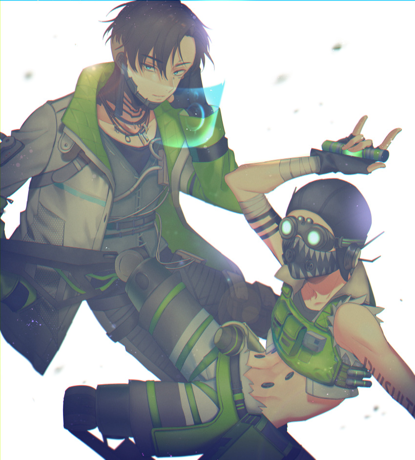 2boys \m/ absurdres apex_legends bangs black_gloves black_headwear black_pants blue_eyes cropped_vest crypto_(apex_legends) fingerless_gloves gloves goggles green_vest grey_shorts highres holding holding_syringe holographic_monitor jacket looking_at_viewer male_focus mask mouth_mask multiple_boys octane_(apex_legends) pants parted_bangs shorts syringe unkcncnd vest white_jacket