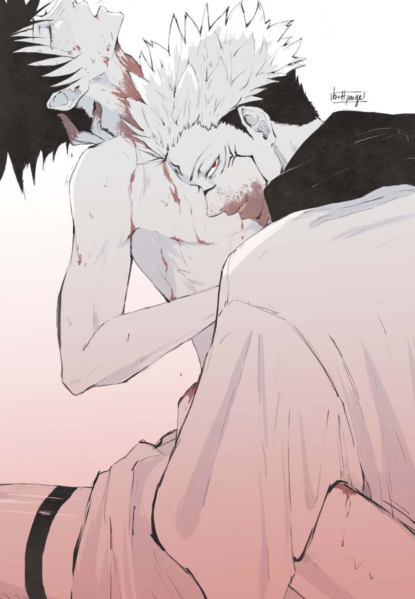 2boys absurdres black_hair blood blood_in_mouth blood_on_arm blood_on_chest blood_on_face blood_on_hands blood_on_leg blush cannibalism closed_eyes clothed_male_nude_male english_commentary evil_smile extra_eyes facial_tattoo fingernails from_side fushiguro_megumi guro hand_on_another's_head hand_on_another's_neck highres japanese_clothes jujutsu_kaisen kimono leg_tattoo legs long_sleeves looking_at_viewer male_focus multiple_boys nail_polish nude on_person red_eyes ryoumen_sukuna_(jujutsu_kaisen) saucybrtt scarf sharp_fingernails short_hair sitting sitting_on_person smile spiked_hair straddling sweat tattoo tears undercut wide_sleeves yaoi