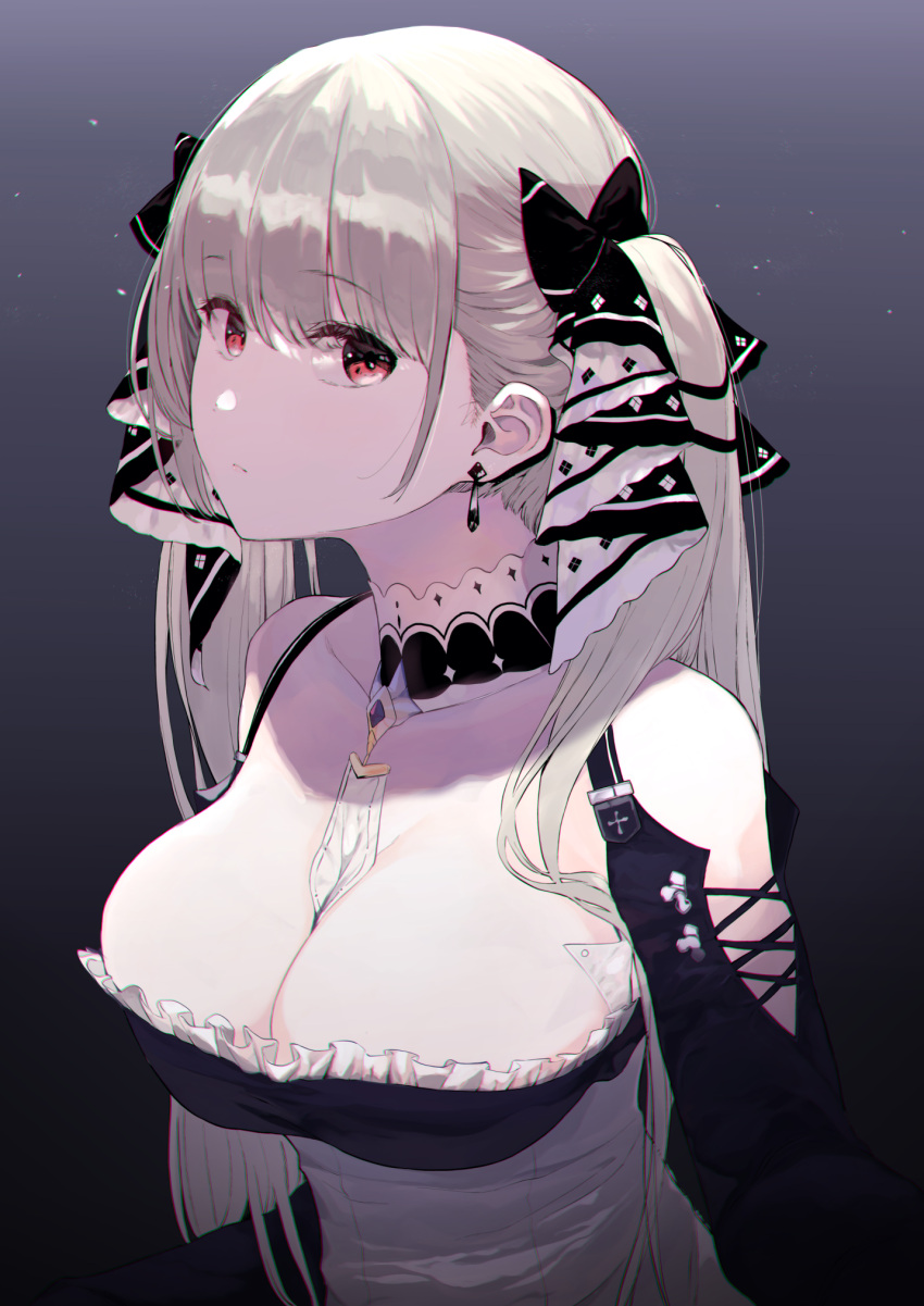 1girl azur_lane bangs bare_shoulders between_breasts black_background black_collar black_dress black_ribbon breasts chromatic_aberration cleavage closed_mouth clothing_cutout collar collarbone commentary cross-laced_clothes cross-laced_sleeves dress earrings eightman eyebrows_visible_through_hair formidable_(azur_lane) frilled_dress frills gradient gradient_background grey_background grey_hair hair_between_eyes hair_ribbon highres jewelry large_breasts long_hair long_sleeves looking_at_viewer looking_to_the_side necktie necktie_between_breasts red_eyes ribbon shoulder_cutout sideways_glance solo twintails two-tone_dress two-tone_ribbon upper_body white_collar white_necktie white_ribbon