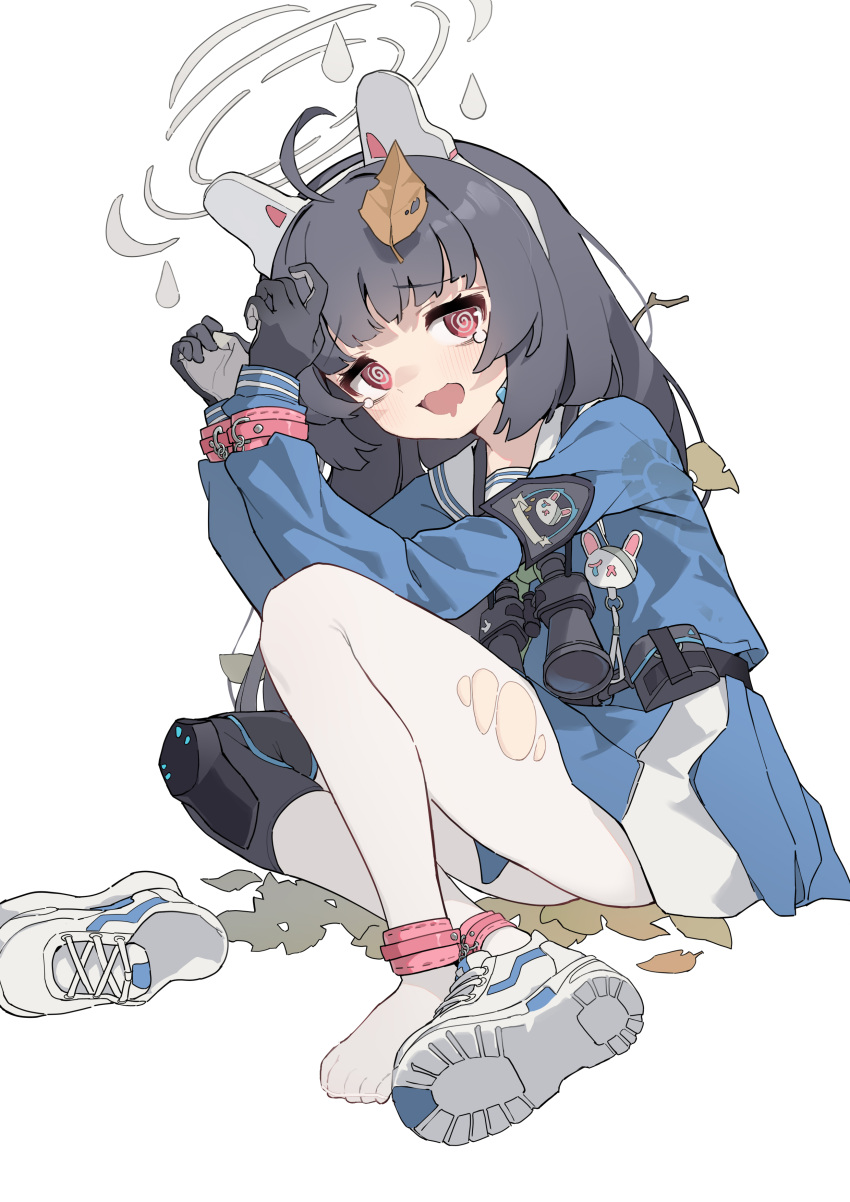 1girl @_@ absurdres ahoge ankle_cuffs binoculars black_gloves black_hair blue_archive blue_serafuku blue_shirt blue_skirt blush cuffs dirty dirty_clothes eyebrows_visible_through_hair gloves halo handcuffs headgear highres iyasu_shikaku knee_pads leaf leaf_on_head looking_at_viewer miyu_(blue_archive) pantyhose pleated_skirt red_eyes sailor_collar scared school_uniform serafuku shirt shoes single_knee_pad single_shoe skirt solo torn_clothes torn_legwear white_background white_legwear white_sailor_collar