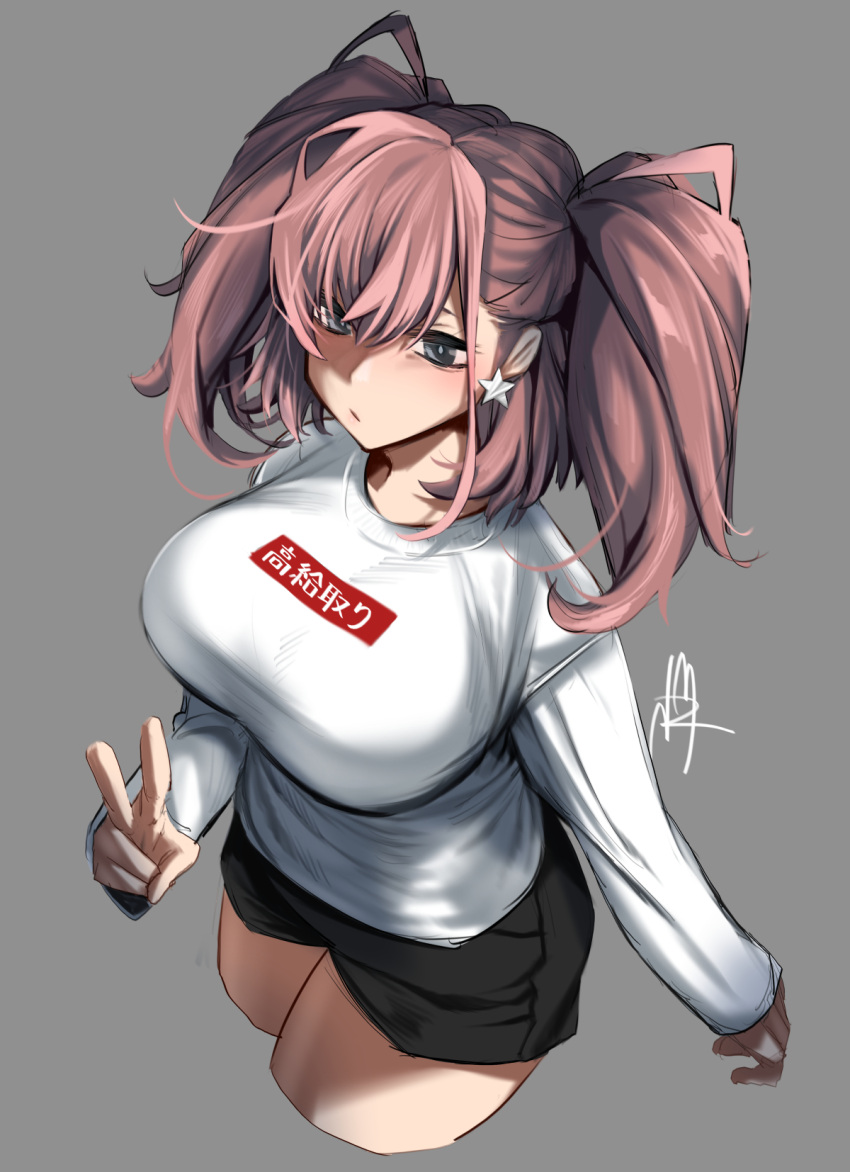 1girl alternate_costume atlanta_(kancolle) black_shorts breasts brown_hair clothes_writing earrings from_above grey_eyes highres jewelry kantai_collection large_breasts long_hair long_sleeves nmz_(namazu) shirt short_shorts shorts single_earring solo star_(symbol) star_earrings two_side_up white_shirt