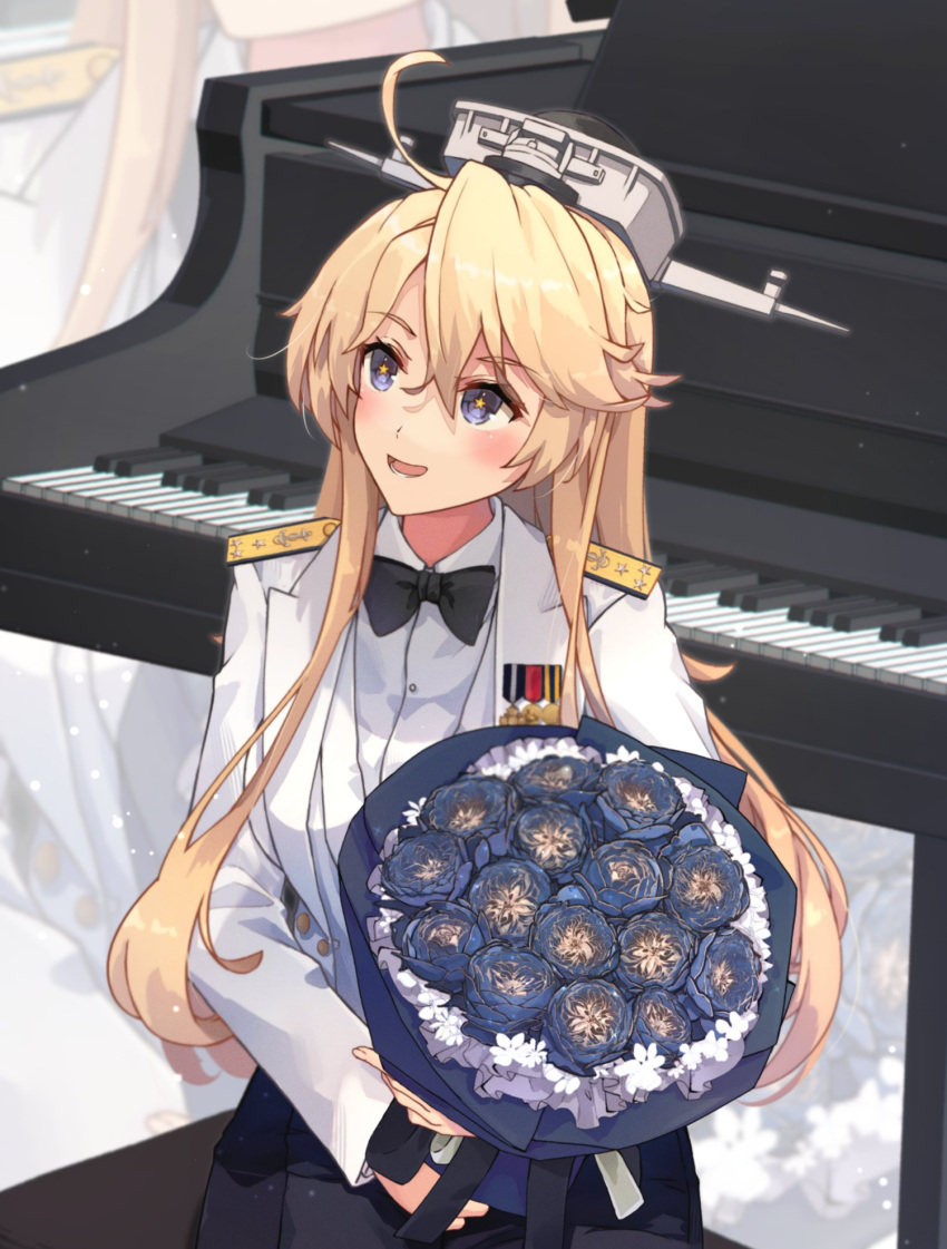 alternate_costume blonde_hair blue_eyes blue_pants bouquet bow bowtie dress_shirt epaulettes headgear highres himeyamato holding holding_bouquet instrument iowa_(kancolle) jacket kantai_collection medal multiple_views pants piano piano_bench piano_keys shirt sitting_on_bench star-shaped_pupils star_(symbol) symbol-shaped_pupils white_jacket