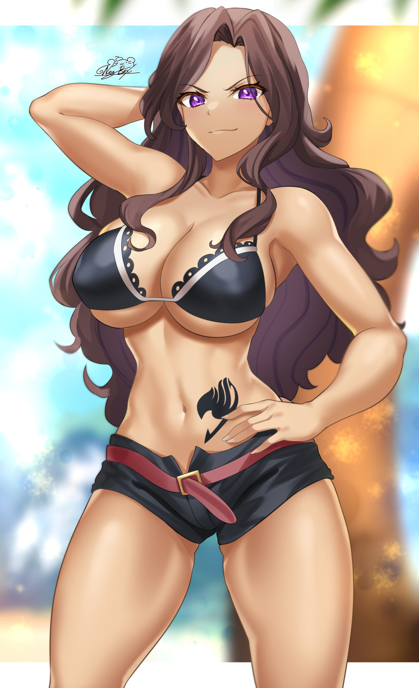 1girl absurdres arm_up bikini black_bikini black_shorts blurry blurry_background breasts brown_hair cana_alberona cleavage closed_mouth collarbone fairy_tail highres large_breasts long_hair looking_at_viewer navel nez-box purple_eyes short_shorts shorts signature smile swimsuit tattoo thighs underboob