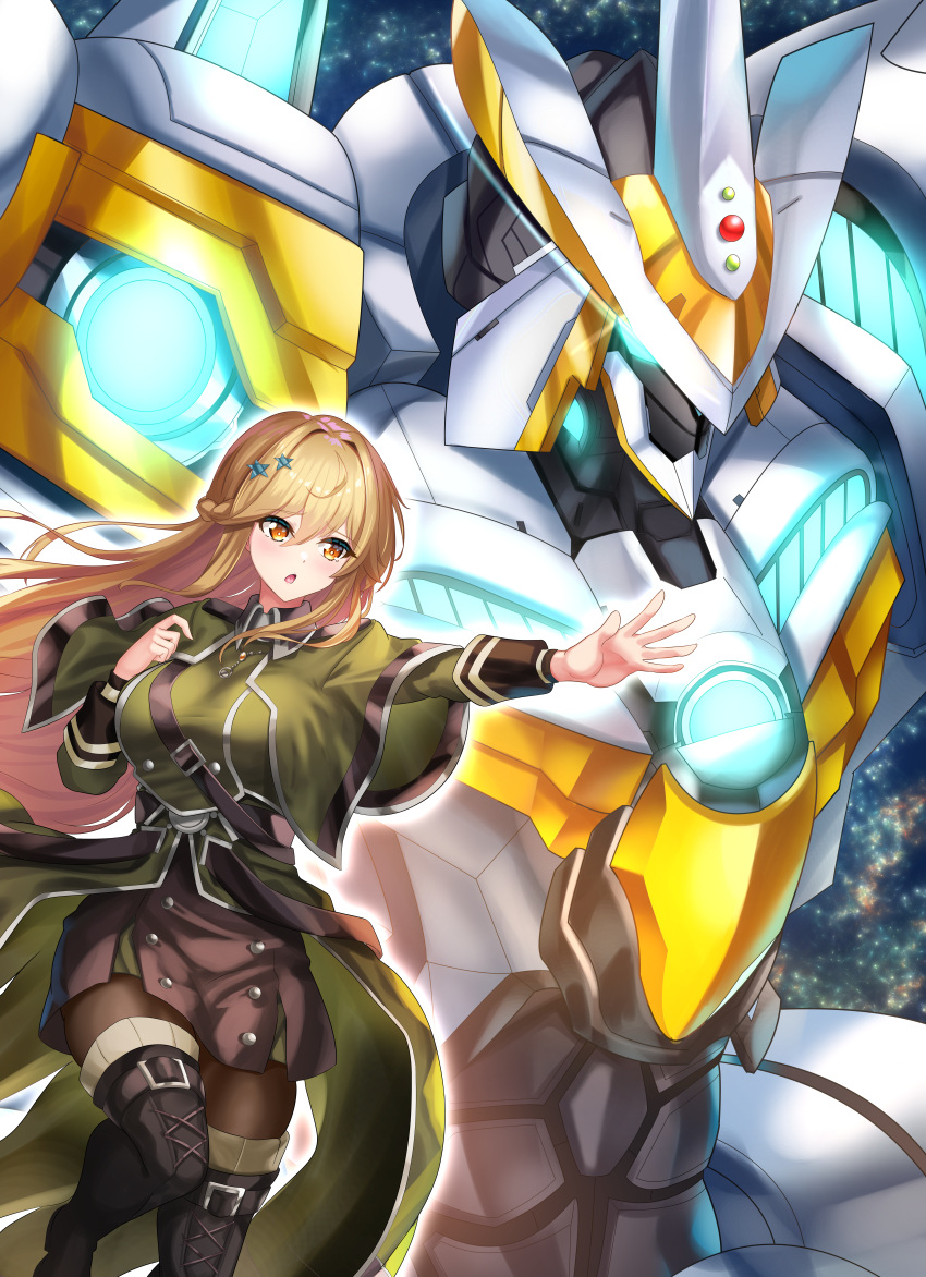 1girl :o absurdres bangs black_footwear black_skirt boots braid breasts brown_eyes brown_hair brown_legwear commission crown_braid divine_arsenal_aa-zeus_-_sky_thunder duel_monster exosister_stella glowing glowing_eye green_jacket highres jacket large_breasts long_hair mecha nez-box open_hand open_mouth pantyhose science_fiction skirt space super_robot thigh_boots yu-gi-oh!
