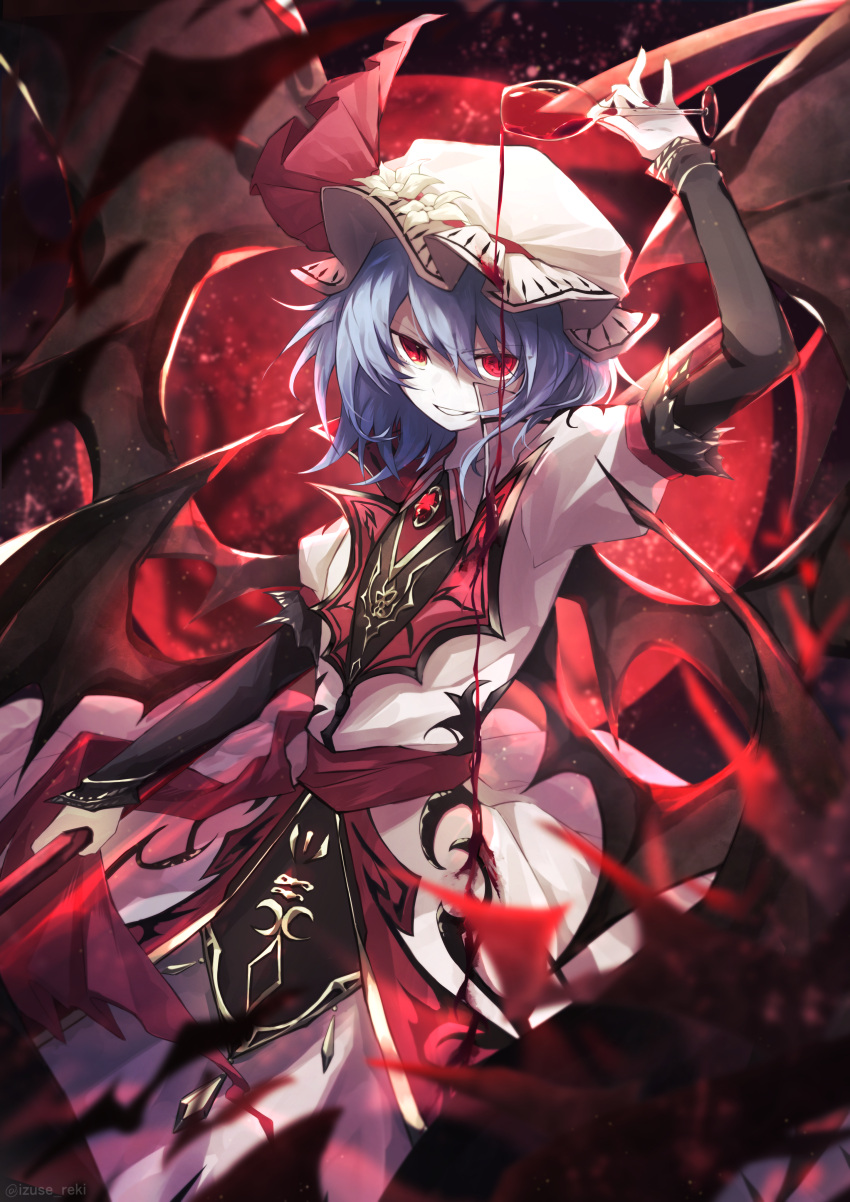 1girl absurdres alternate_costume arm_up black_shirt blue_hair brooch commentary cup demon_wings dress drinking_glass feet_out_of_frame fingernails flower full_moon hair_between_eyes hat hat_flower hat_ribbon highres holding holding_cup holding_polearm holding_weapon jewelry koumajou_densetsu long_sleeves looking_at_viewer medium_hair mob_cap moon nail_polish parted_lips polearm puffy_short_sleeves puffy_sleeves red_eyes red_moon red_nails red_ribbon remilia_scarlet ribbon shirt short_sleeves slit_pupils smile solo spear_the_gungnir spilling touhou twitter_username undershirt user_mxtc5244 weapon white_dress white_flower white_headwear wine_glass wings