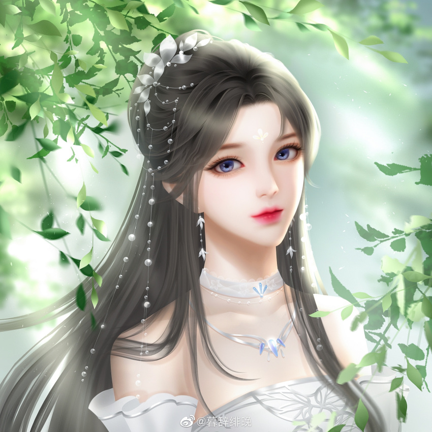 1girl absurdres blurry blurry_background brown_hair chinese_clothes choker dress earrings face facial_mark forehead_mark hair_ornament highres jewelry leaf long_hair lu_xueqi_(zhu_xian) mucifei_wan upper_body white_dress zhu_xian