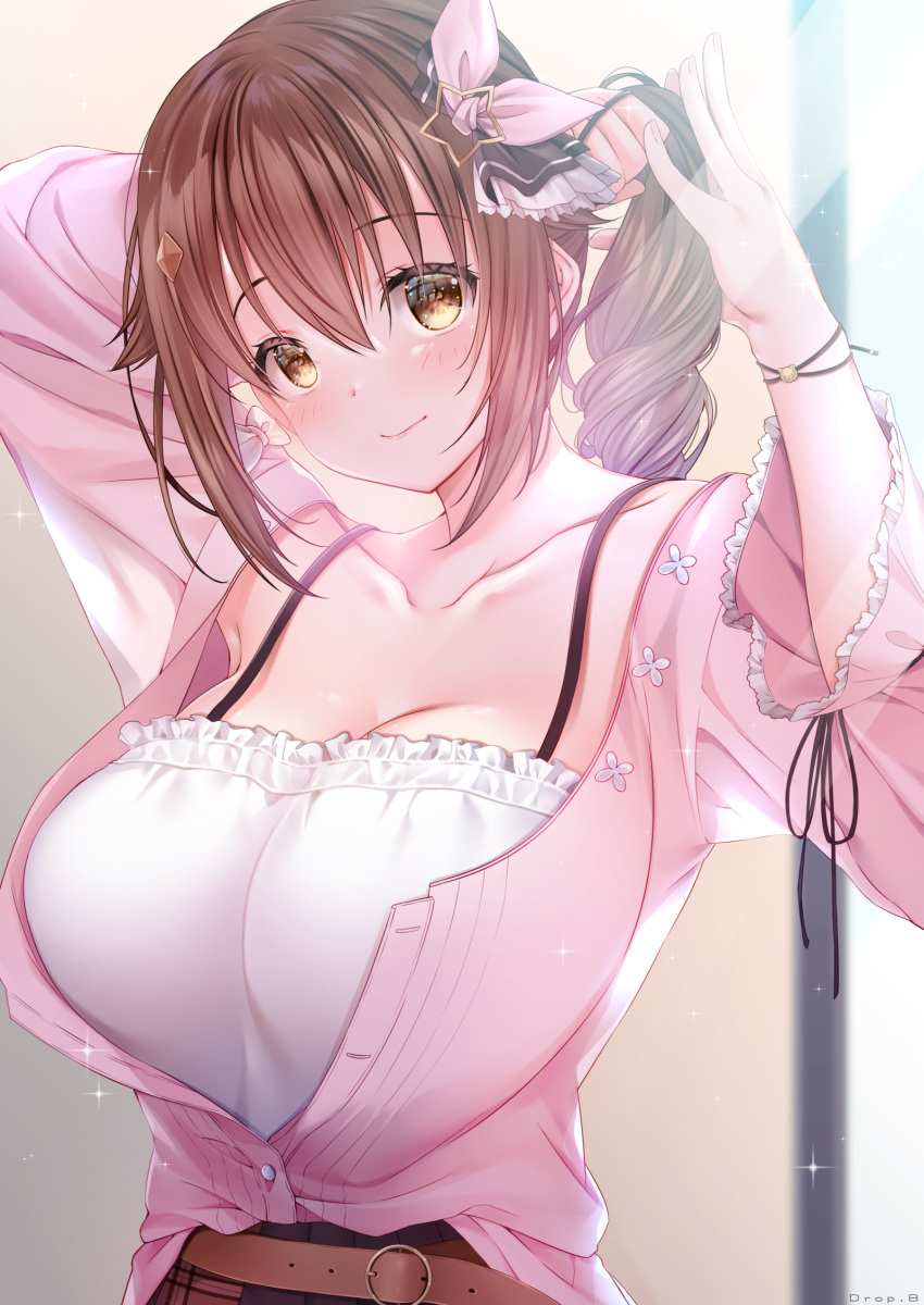 1girl armpits arms_up bangs belt black_ribbon blush breasts brown_belt brown_eyes brown_hair camisole cleavage collarbone drop.b eyebrows_visible_through_hair frills hair_between_eyes hair_ornament hair_ribbon hand_in_own_hair highres hololive large_breasts long_hair long_sleeves looking_down open_clothes open_shirt pink_shirt ribbon shirt sidelocks solo spaghetti_strap star_(symbol) star_hair_ornament tokino_sora tying_hair upper_body virtual_youtuber wide_sleeves wristband