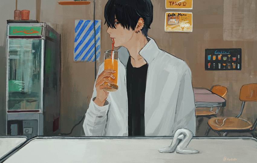 1boy black_hair black_shirt cafeteria chainsaw_man collar cup drink drinking drinking_glass drinking_straw ear_piercing fuyukonbu hair_between_eyes hair_over_eyes highres jacket long_sleeves looking_at_viewer menu orange_juice paper_towel piercing refrigerator shirt short_hair sideways_glance sign sitting solo table white_jacket yoshida_hirofumi