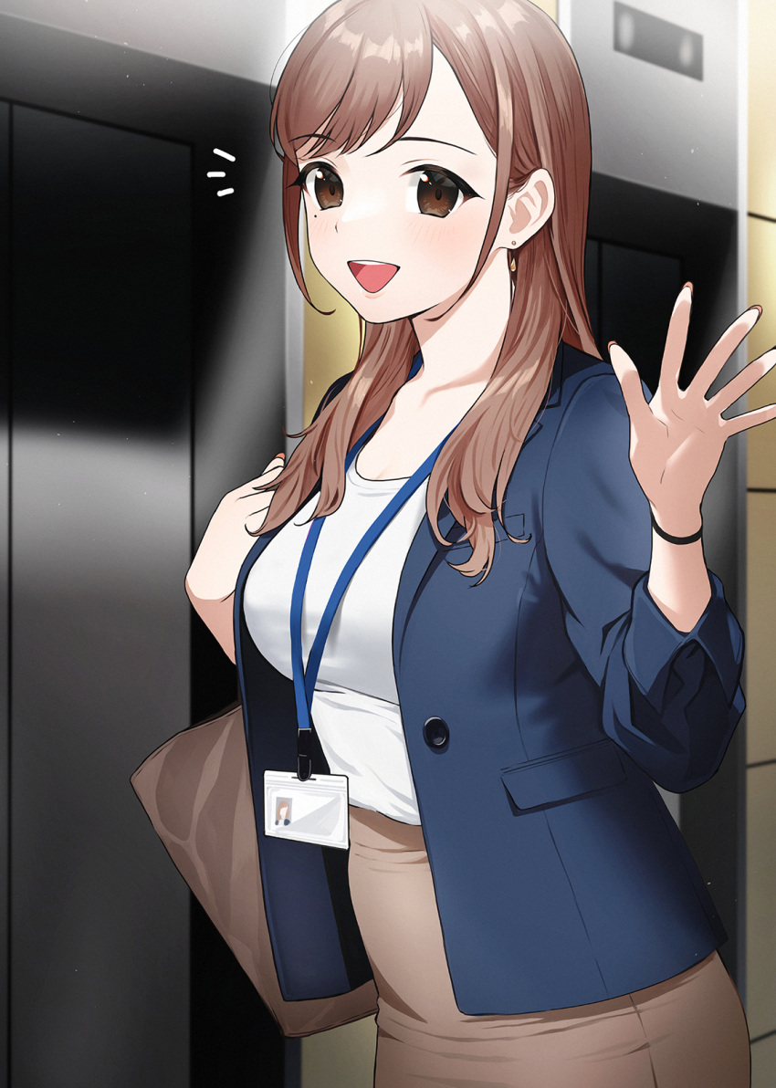 bag blue_jacket blush breasts brown_bag brown_eyes brown_hair brown_skirt carrying_bag doushimasho earrings eyebrows_visible_through_hair highres id_card jacket jewelry lanyard long_hair office_lady open_clothes open_jacket open_mouth original shirt skirt white_shirt