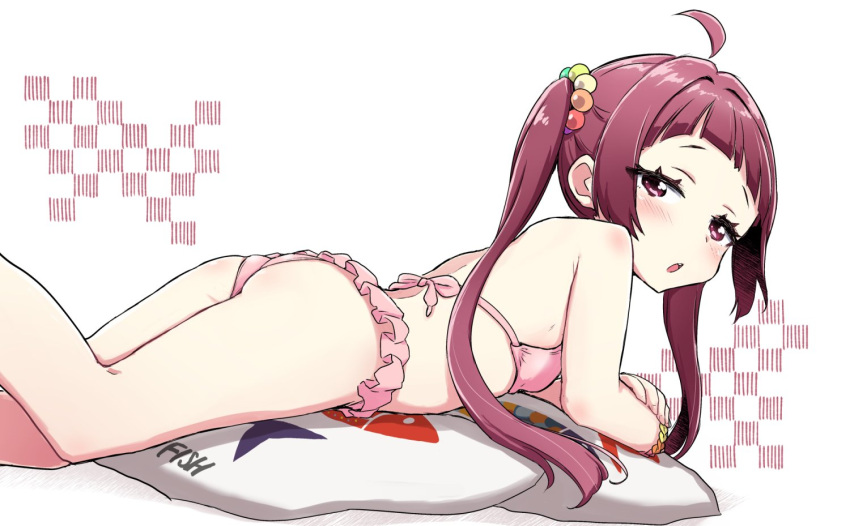 1girl ahoge ass bangs bikini blunt_bangs blush breasts feet_out_of_frame frilled_bikini frills hair_bobbles hair_ornament harumi_shinju jitome long_hair looking_at_viewer looking_back lying minazuki_tooru on_stomach open_mouth pillow pink_bikini purple_eyes purple_hair small_breasts solo swimsuit tokyo_7th_sisters twintails