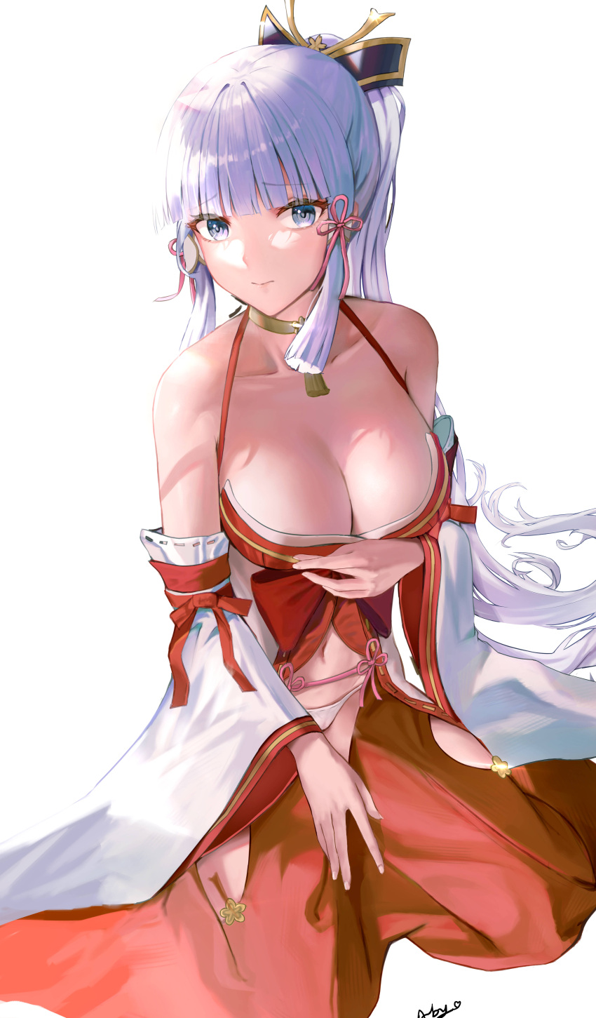 1girl a-by absurdres alternate_costume animal_ears bangs blunt_bangs blurry breasts chibi choker cleavage collarbone commentary_request detached_sleeves earrings eyebrows_visible_through_hair genshin_impact grey_eyes grey_hair hair_ornament hair_ribbon highres jewelry kamisato_ayaka long_hair looking_at_viewer multiple_girls navel nontraditional_miko ponytail ribbon ribbon-trimmed_sleeves ribbon_trim sidelocks simple_background sitting tress_ribbon wariza white_background wide_sleeves