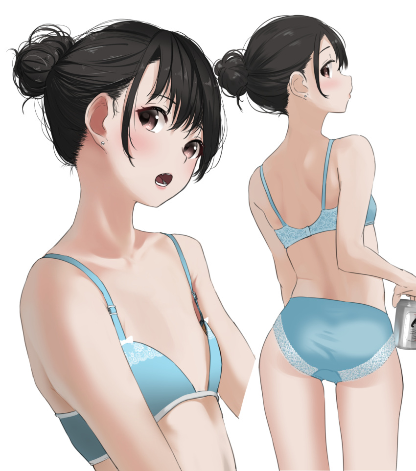 1girl ass back bare_shoulders black_hair blue_bra blue_panties blush bra breasts brown_eyes can flat_chest hair_between_eyes hair_bun highres holding holding_can long_hair looking_at_viewer looking_back medium_hair multiple_views navel open_mouth original panties simple_background small_breasts solo tama_(tamago) underwear underwear_only white_background