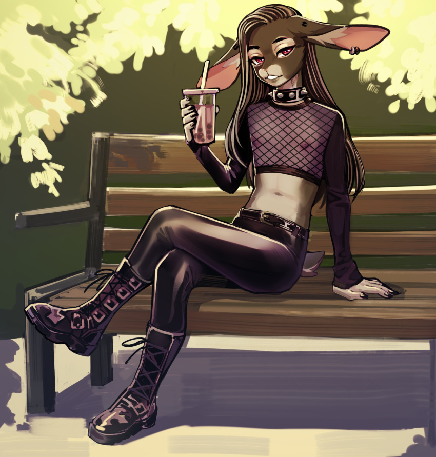 absurd_res anthro areola bench beverage black_boots black_bottomwear black_clothing black_collar black_footwear black_hair black_pants black_topwear boots bottomwear bubble_tea clothing collar digital_media_(artwork) ear_piercing footwear hair hi_res holding_beverage holding_object inner_ear_fluff lagomorph leaf leather leather_bottomwear leather_clothing leather_pants leporid looking_at_viewer male mammal midriff multicolored_hair navel nipples outside pants piercing pink_areola pink_eyes pink_inner_ear pink_nipples rabbit reilion romarom shaded sitting solo spiked_collar spikes topwear translucent translucent_clothing translucent_topwear tuft two_tone_hair white_hair
