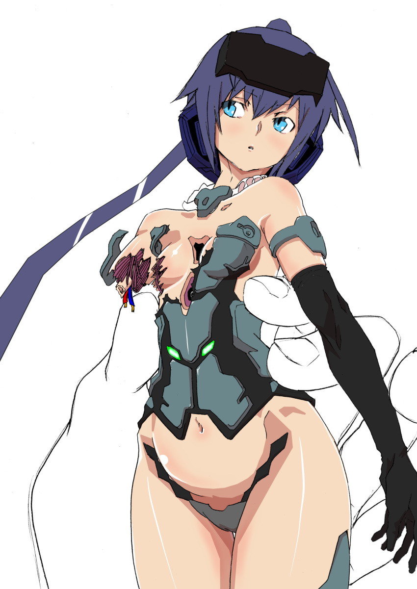 1girl blue_eyes blue_hair blush bodysuit breasts damaged elbow_gloves frame_arms_girl gloves highres jinrai_(frame_arms_girl) kimuwaipu light_blush long_hair looking_to_the_side mecha_musume mechanical_parts missing_limb navel parted_lips ponytail small_breasts solo thigh_gap thighs wire