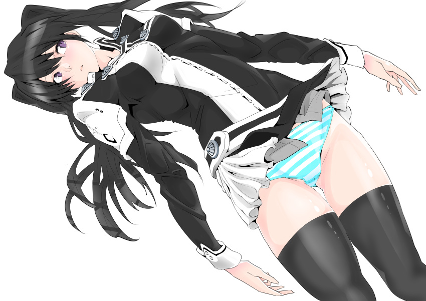 1girl absurdres arms_at_sides black_hair black_legwear blush d.gray-man groin highres kimuwaipu lenalee_lee long_hair looking_to_the_side panties parted_lips purple_eyes skirt solo striped striped_panties thighhighs thighs twintails underwear white_background white_skirt