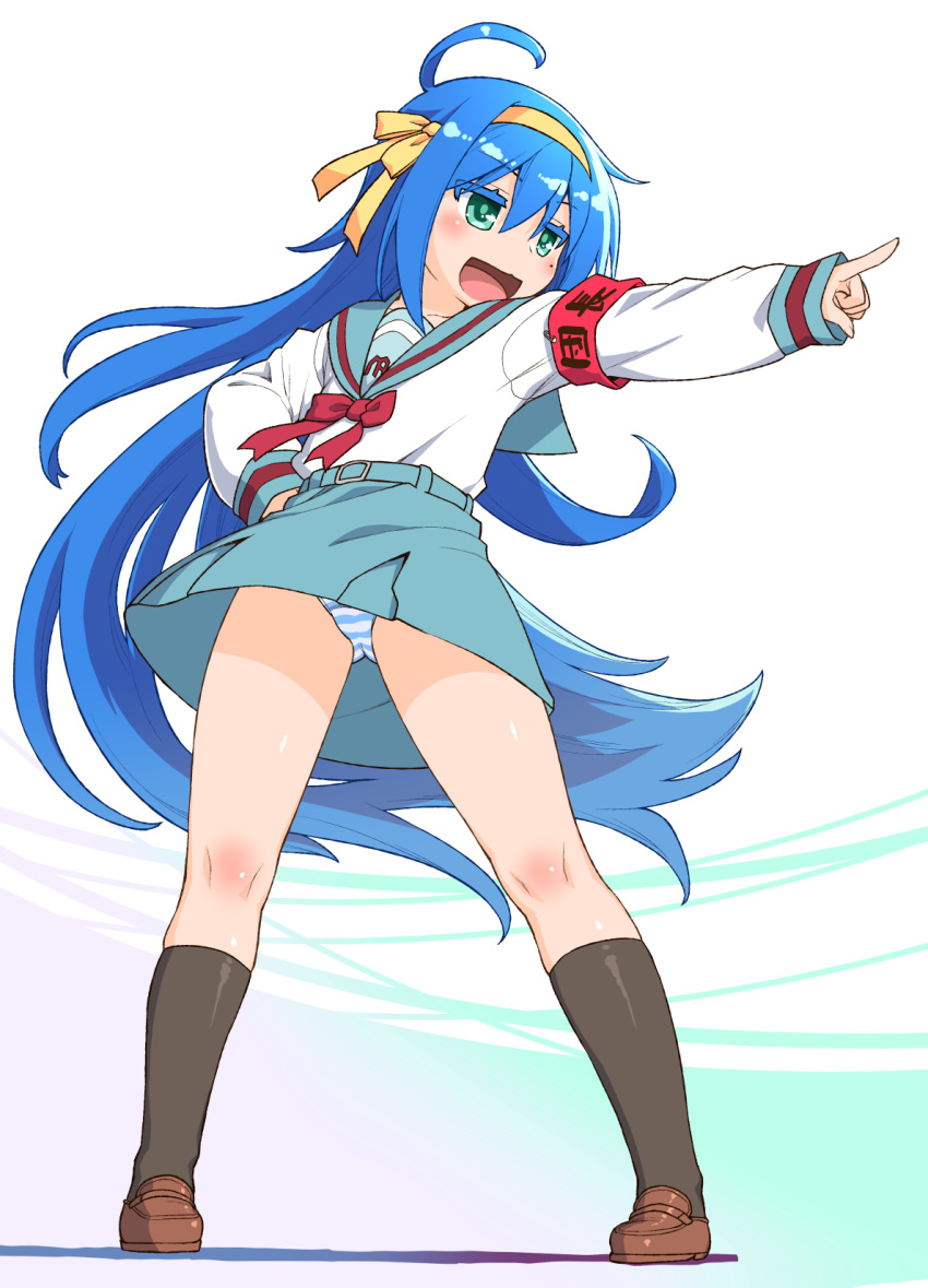 1girl :d ahoge aqua_sailor_collar aqua_skirt blue_hair brown_footwear cosplay full_body green_eyes hair_between_eyes hairband hand_on_hip highres izumi_konata kogaku_kazuya loafers long_hair looking_away lucky_star mole mole_under_eye outstretched_arm sailor_collar shoes skirt smile socks solo standing striped striped_legwear suzumiya_haruhi suzumiya_haruhi_(cosplay) suzumiya_haruhi_no_yuuutsu very_long_hair yellow_hairband