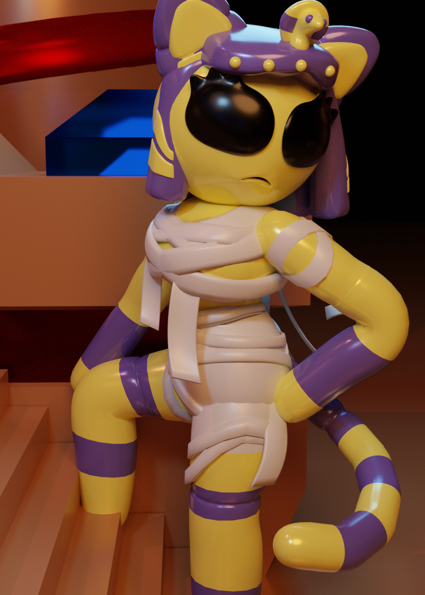 3d_(artwork) absurd_res animal_crossing ankha_(animal_crossing) anthro baggy_clothing bandage bandaged_chest blue_body blue_hair breasts clothing dark_eyes digital_media_(artwork) domestic_cat felid feline felis female frown gem guak hair hair_beads hand_on_hip hand_on_knee hand_on_leg hi_res humanoid jewelry long_tail mammal nintendo one_knee_forward reptile scalie short_hair snake solo stairs temple thick_thighs video_games wrapped wrappings yellow_body