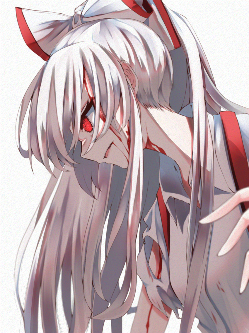 1girl bangs bleeding blood blood_from_mouth blood_on_face bow collared_shirt commentary fujiwara_no_mokou hat hat_bow highres leaning_forward long_hair open_mouth profile red_eyes shirt short_sleeves sidelocks solo suspenders torn_sleeve touhou tsune_(tune) upper_body white_background white_bow white_shirt