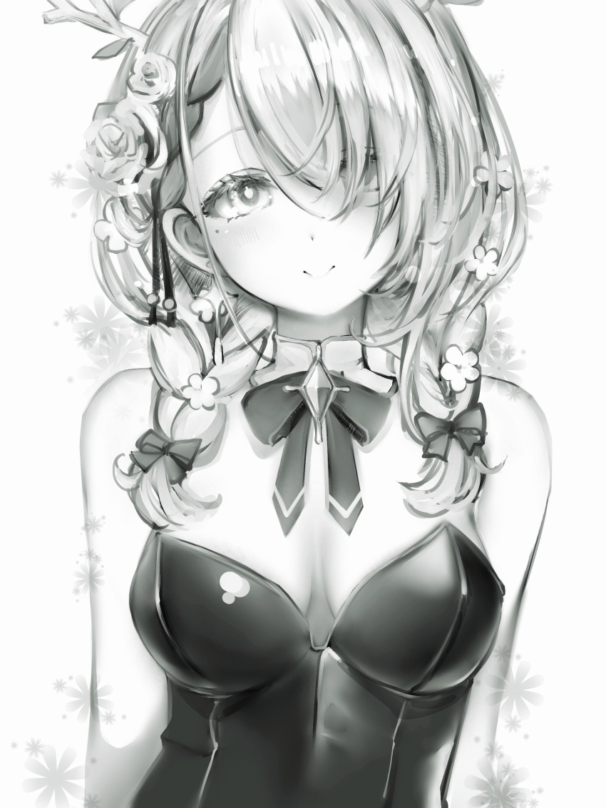 1girl bangs bare_arms bare_shoulders bow braid branch breasts ceres_fauna cleavage flower greyscale hair_flower hair_ornament head_tilt highres hololive hololive_english horns leaf looking_at_viewer medium_breasts medium_hair monochrome nanashi_(nlo) smile twin_braids virtual_youtuber white_background