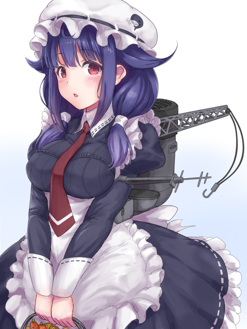 1girl apron black_dress blush breasts carrot dress em_s eyebrows_visible_through_hair food hair_flaps hat highres holding juliet_sleeves kantai_collection large_breasts long_hair long_sleeves low_twintails machinery mob_cap necktie open_mouth puffy_sleeves purple_hair red_eyes red_necktie smokestack solo taigei_(kancolle) twintails vegetable waist_apron white_apron