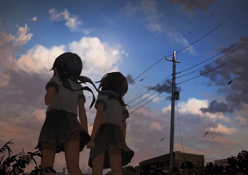 2girls absurdres black_hair black_sailor_collar building cloud cloudy_sky commentary_request dark from_behind from_below highres holding_hands inami_hatoko interlocked_fingers leaf long_hair multiple_girls original plant pleated_skirt power_lines sailor_collar scenery school_uniform serafuku shirt short_hair short_sleeves skirt sky twintails utility_pole white_shirt wind