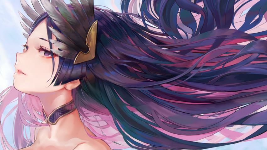 1girl bangs bare_shoulders choker commentary_request fate/grand_order fate_(series) feathers from_side hair_feathers hair_lift hair_ornament long_hair looking_at_viewer minamoto_no_raikou_(fate/grand_order) minamoto_no_raikou_(swimsuit_lancer)_(fate) parted_bangs parted_lips purple_eyes purple_hair tocope very_long_hair