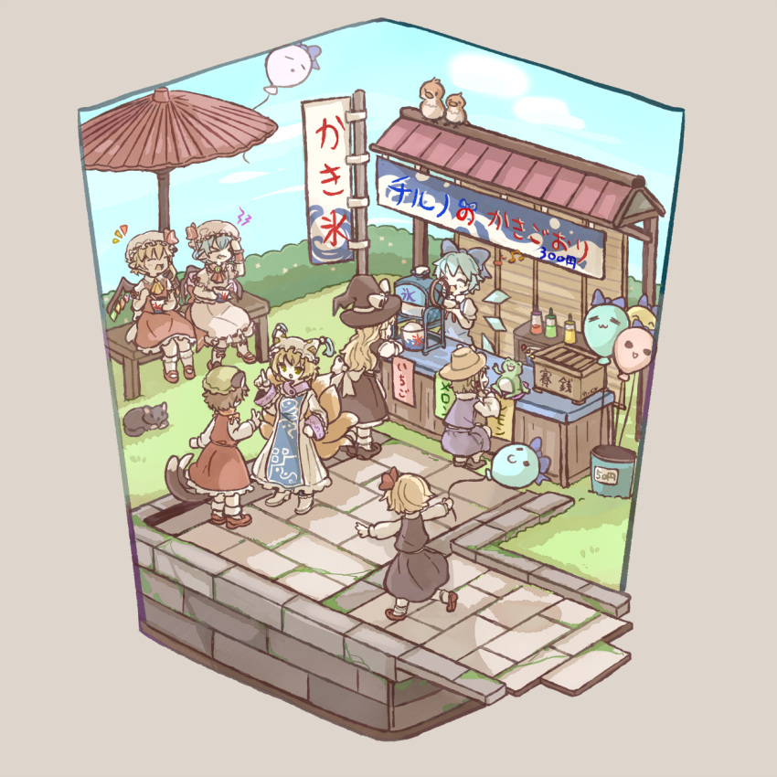 &gt;_&lt; 6+girls :d :o animal_ears ascot balloon banner bar bat_wings beamed_eighth_notes bench bird black_footwear black_headwear black_skirt black_vest blonde_hair blue_bow blue_hair blue_tabard blue_vest blush bow box brooch bucket cat cat_ears cat_tail chen chigu cirno closed_eyes cloud collared_shirt commentary crystal day donation_box dress eighth_note flandre_scarlet food food_coloring food_stand fox_tail frilled_dress frilled_shirt_collar frills frog grass green_headwear hair_bow hair_ribbon hand_on_own_head hat hat_ribbon hedge highres holding holding_balloon holding_food holding_spoon ice ice_wings isometric jewelry kirisame_marisa long_hair long_sleeves looking_at_another mary_janes mob_cap moriya_suwako multiple_girls multiple_tails music musical_note neck_ribbon notice_lines on_bench open_mouth outstretched_arms parasol pavement pillow_hat pointy_ears puffy_short_sleeves puffy_sleeves purple_skirt purple_vest red_ascot red_dress red_footwear red_ribbon red_skirt red_vest remilia_scarlet ribbon rooftop rumia shaved_ice shirt shoes short_hair short_sleeves singing sitting skirt skirt_set sky smile socks spoon squiggle tabard tail touhou translated two_tails umbrella v vest waist_bow white_bow white_dress white_footwear white_headwear white_legwear white_shirt white_skirt wide_sleeves wings witch_hat wrist_cuffs yakumo_ran yellow_ascot yellow_eyes yellow_headwear