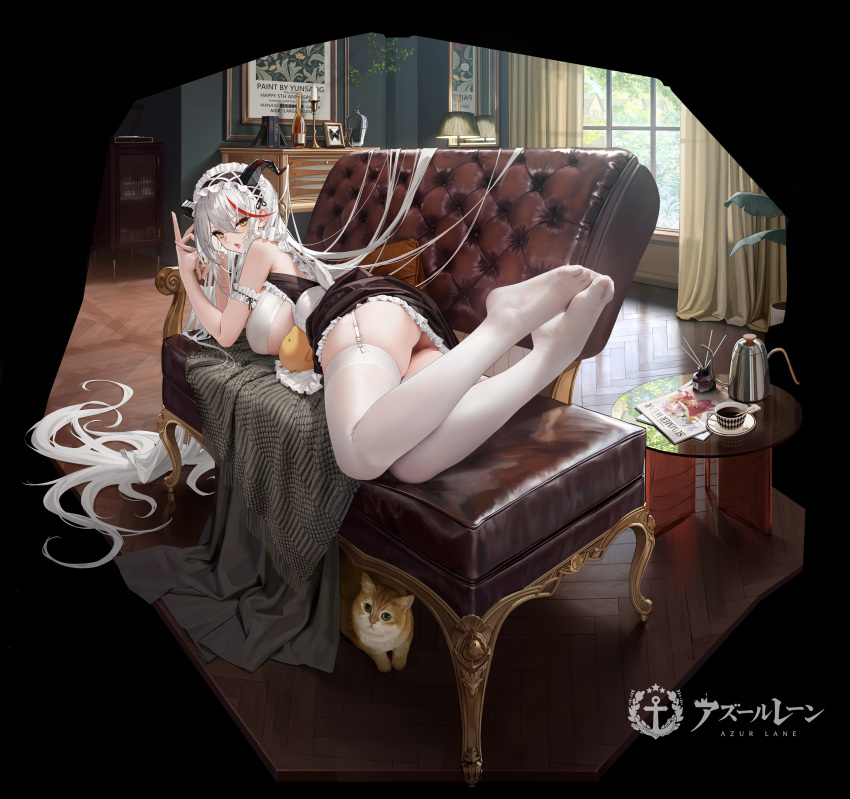 1girl absurdly_long_hair absurdres aegir_(azur_lane) aegir_(iron_blood's_dragon_maid)_(azur_lane) animal artist_name ass azur_lane bangs black_background bottle breasts bug butterfly cameo candle candlestand cat character_name coffee cup cushion day dress feet foot_focus framed_insect frilled_hairband frills garter_straps glass_table hair_between_eyes hairband highres huge_ass indoors lamp large_breasts light_particles long_hair looking_at_viewer lying maid maid_headdress manjuu_(azur_lane) multicolored_hair newspaper no_shoes official_alternate_costume official_art on_chair on_stomach open_mouth painting_(object) penetration_gesture pillow plant potted_plant red_hair saucer see-through see-through_legwear short_dress solo streaked_hair surcouf_(azur_lane) surcouf_(loisirs_balneaires)_(azur_lane) table teacup thighhighs tongue tongue_out two-tone_hair underboob underbutt very_long_hair white_hair white_legwear wine_bottle wooden_floor yellow_eyes yunsang