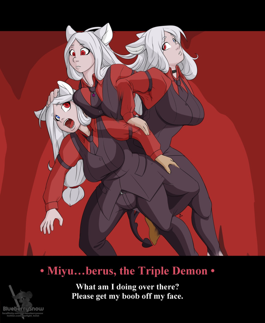 animal_humanoid big_breasts black_clothing blueberrysnow breast_squish breasts canid canid_humanoid cerberus_(helltaker) clothing demon demon_humanoid dialogue digital_media_(artwork) english_text female hair helltaker hi_res humanoid mammal mammal_humanoid mitosis open_mouth red_eyes spade_tail squish surprise text transformation white_hair