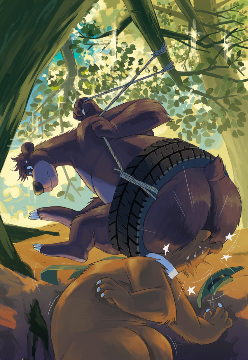 anthro baloo big_butt black_bear bodily_fluids bondagefanart brown_bear butt butt_size_difference chubby_anthro chubby_belly chubby_cheeks chubby_male clothed clothed/nude clothing duo face_on_butt feet forest forest_background hanna-barbera hat hat_only headgear headgear_only headwear headwear_only hi_res male male/male mammal mostly_nude nature nature_background nude plant presenting presenting_hindquarters puffed_cheeks slightly_chubby star surprised_expression sweat swing thick_thighs tire tree ursid ursine yogi_bear