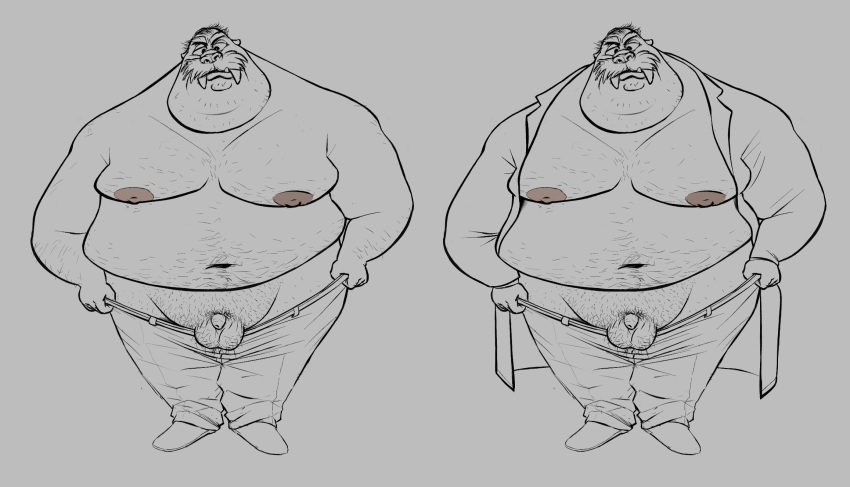 2022 anthro balls belly big_belly blacksad bottomwear clothing frank_cassidy genitals hi_res humanoid_hands male mammal marine moobs nipples obese obese_male osos overweight overweight_male pants penis pinniped simple_background small_penis solo walrus