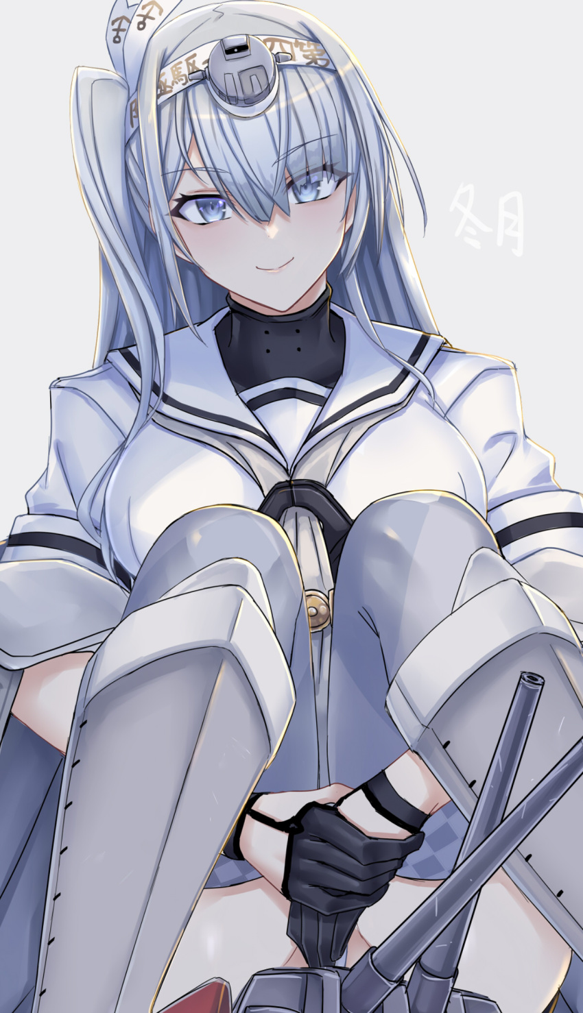 1girl anchor_symbol black_legwear blue_eyes blush character_name chou-10cm-hou-chan_(fuyutsuki's) closed_mouth clothes_writing eyebrows_visible_through_hair fuyutsuki_(kancolle) grey_background grey_legwear grey_neckerchief hachimaki headband highres kantai_collection long_hair minarai neckerchief one_side_up puffy_short_sleeves puffy_sleeves sailor_collar school_uniform serafuku short_sleeves smile solo thighhighs white_hair white_headband white_sailor_collar