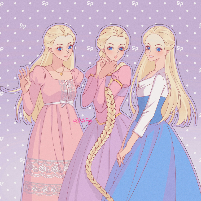 3girls absurdly_long_hair barbie_(character) barbie_(franchise) barbie_as_rapunzel barbie_in_the_nutcracker barbie_movies barbie_of_swan_lake belt blue_dress blue_eyes bow braid casual clara_(barbie) clara_(the_nutcracker) dress eyelashes friends heart heart_necklace highres jewelry juliet_sleeves lace_trim locket long_hair long_sleeves look-alike multiple_girls necklace nightgown odette_(barbie) odette_(swan_lake) okitafuji pendant pink_dress polka_dot polka_dot_bow princess puffy_sleeves rapunzel rapunzel_(barbie) very_long_hair