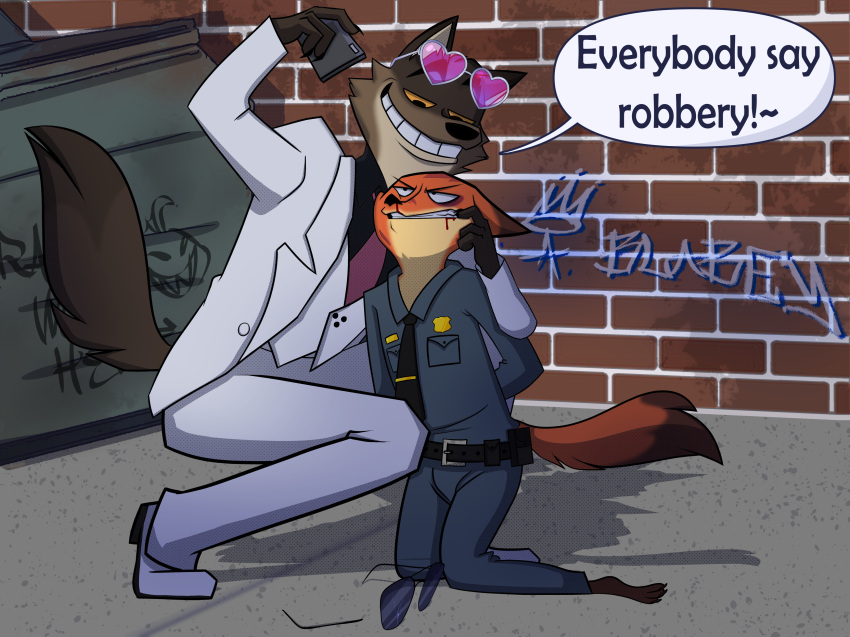 absurd_res anthro blood bodily_fluids canid canine canis disney dreamworks duo fox heart_glasses hi_res lemon-chan male male/male mammal mr._wolf_(the_bad_guys) nick_wilde selfie the_bad_guys wolf zootopia