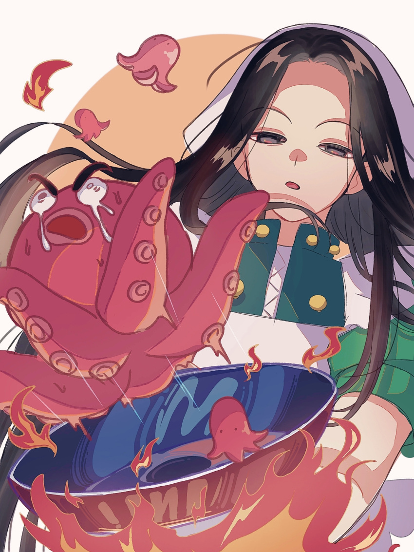 1boy animal apron black_eyes black_hair blank_eyes cooking crying fire frying_pan highres hunter_x_hunter ikalgo illumi_zoldyck long_hair male_focus octopus thicopoyo