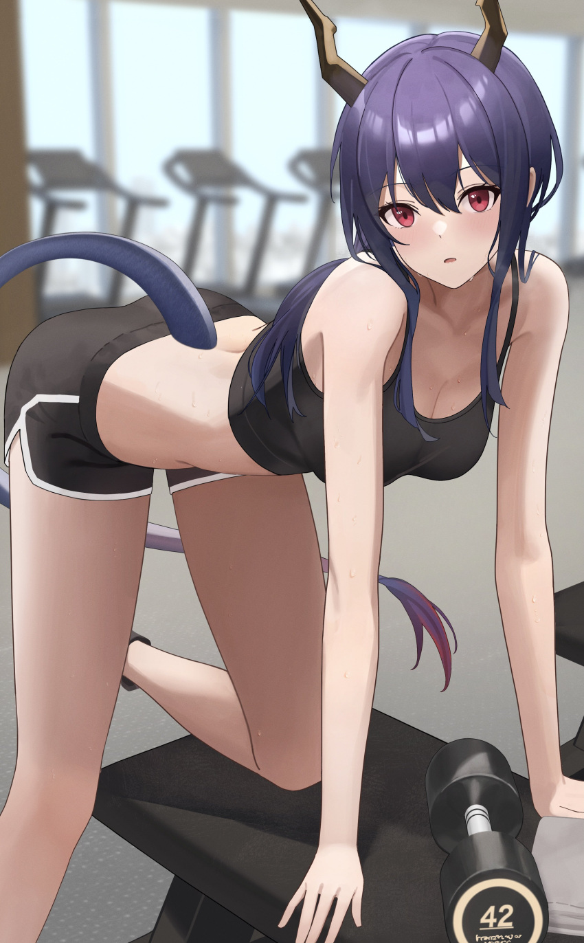 1girl absurdres arknights bangs bare_arms bare_legs bare_shoulders black_shorts blue_hair ch'en_(arknights) crop_top dolphin_shorts dragon_horns dragon_tail dumbbell hair_between_eyes highres horns long_hair looking_at_viewer midriff parted_lips red_eyes short_shorts shorts solo sports_bra tail teruru0321 thighs treadmill